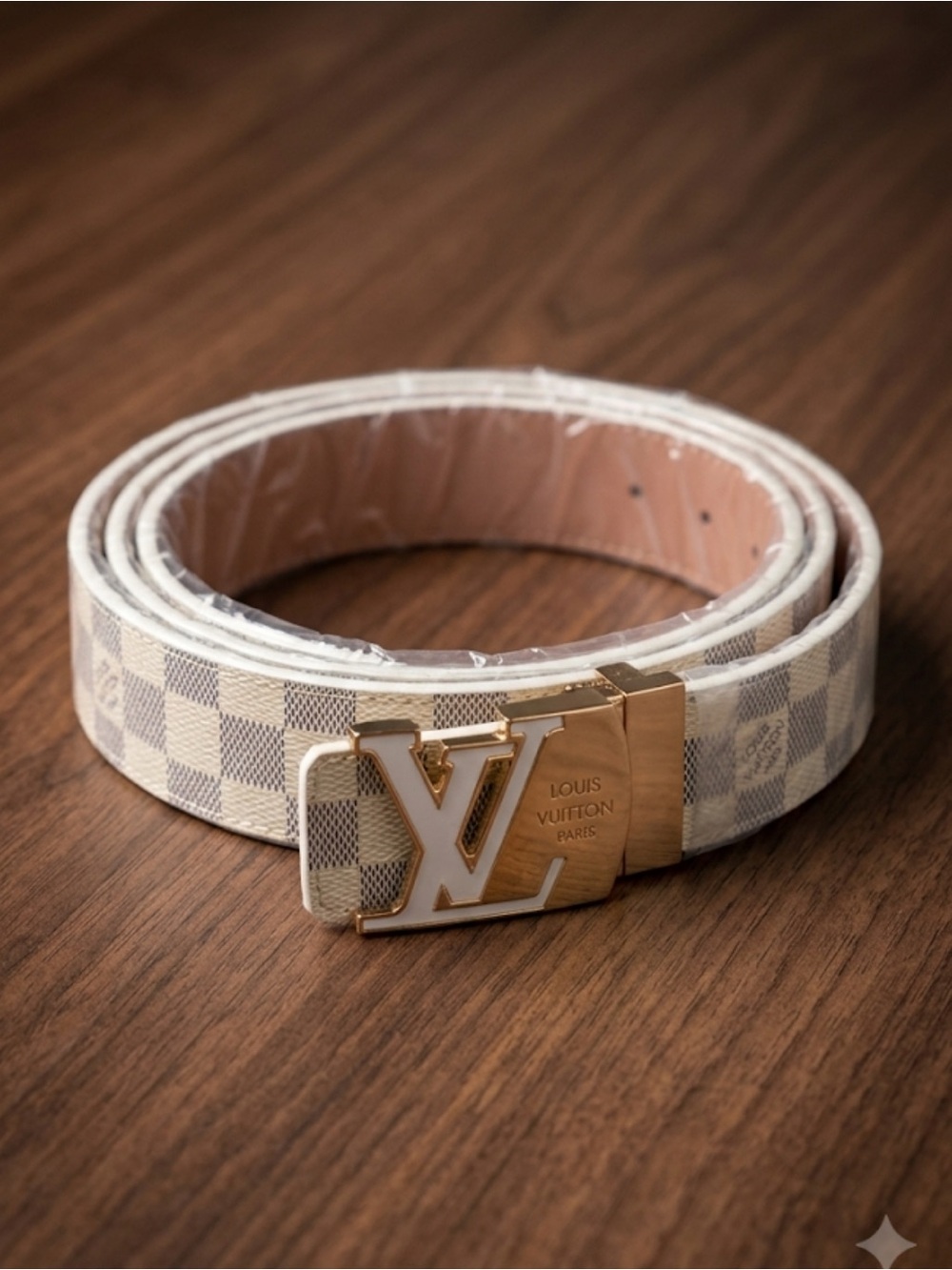 Damier Azur Belt in White/Beige with Gold
